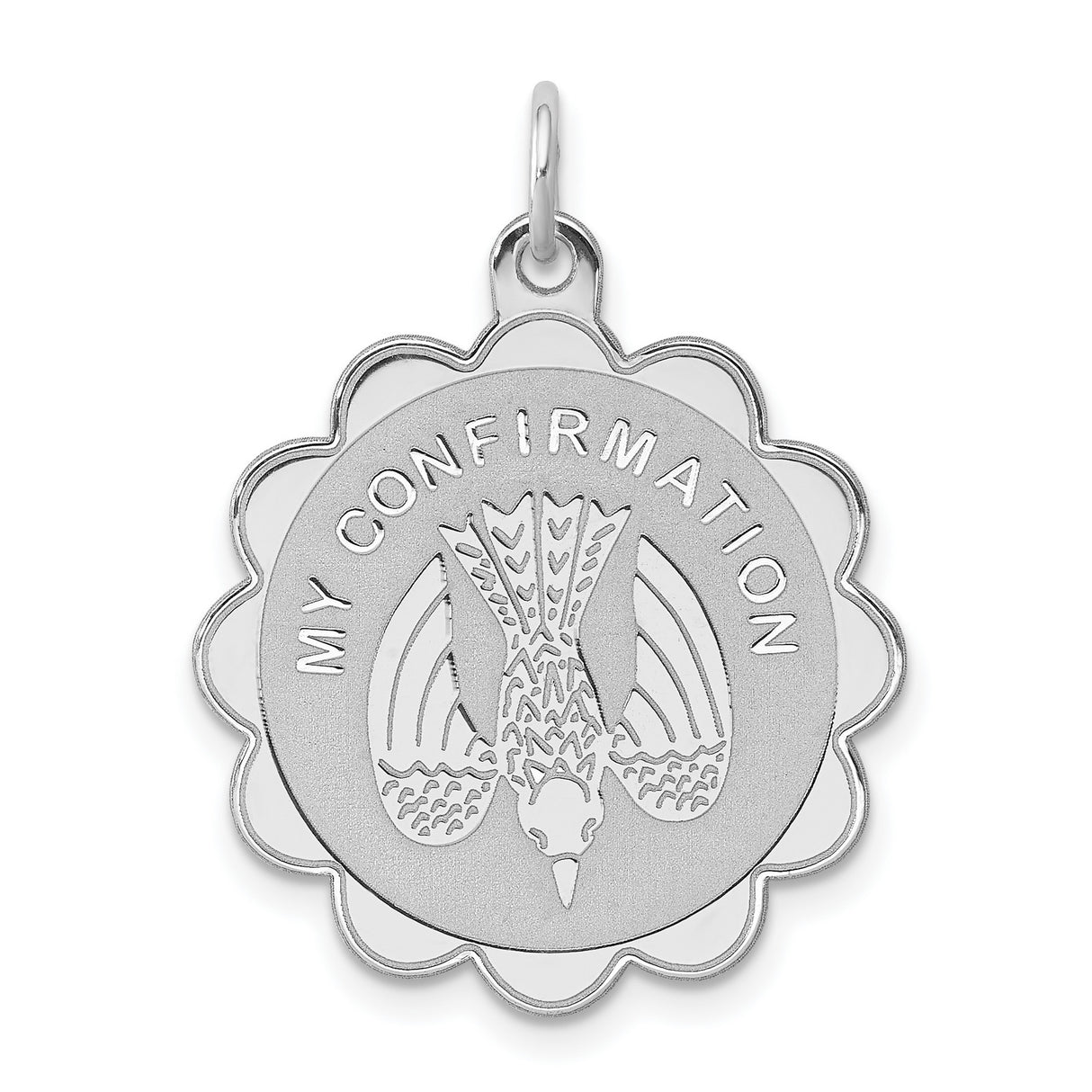 My Confirmation Words and Dove with Flower Border Charm Pendant in Real 925 Sterling Silver