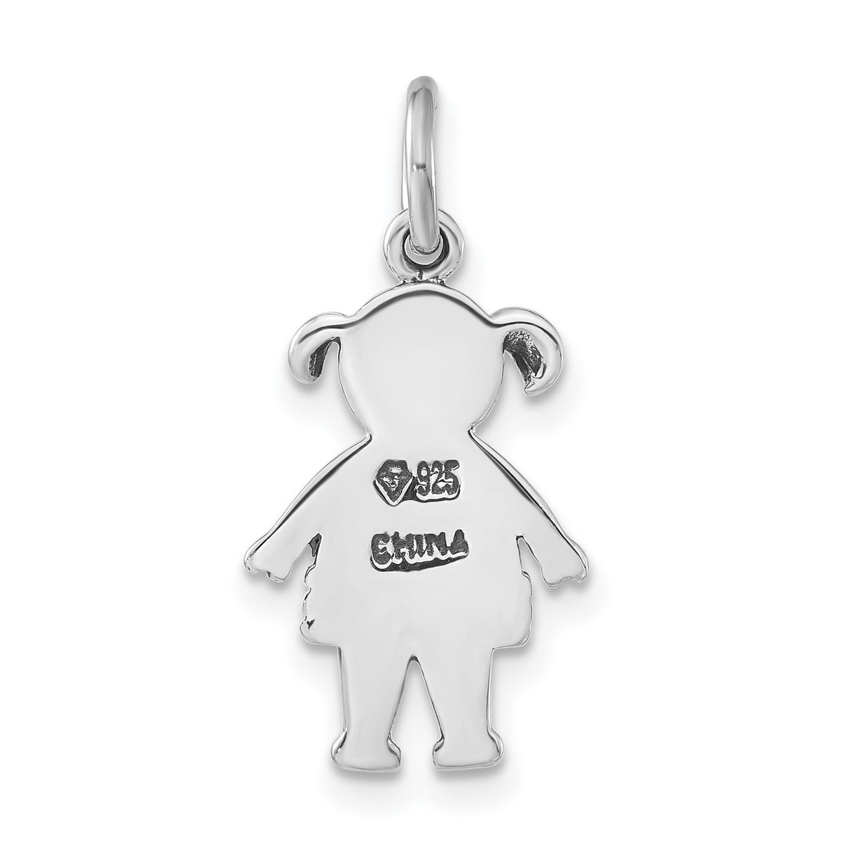 Sterling Silver Girl Charm Pendant with Red and Black Enamel Dress and Pigtails