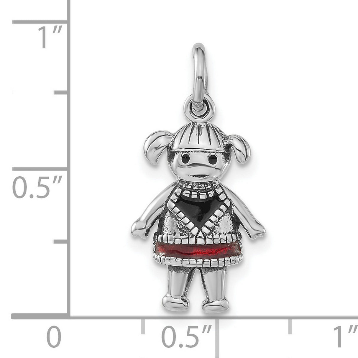 Sterling Silver Girl Charm Pendant with Red and Black Enamel Dress and Pigtails