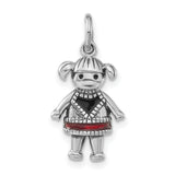 Sterling Silver Girl Charm Pendant with Red and Black Enamel Dress and Pigtails