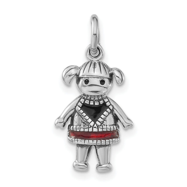 Sterling Silver Girl Charm Pendant with Red and Black Enamel Dress and Pigtails