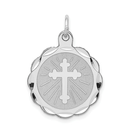 Sterling Silver Cross Pendant with Matte Finish, Flared Edge, Etched Rays, Halo Detail