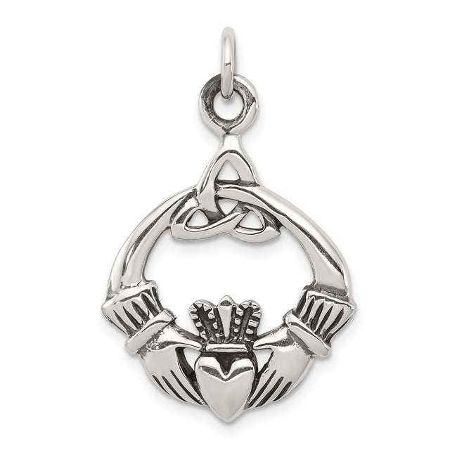 Sterling Silver Claddagh Pendant with Crowned Heart and Trinity Knot, Celtic Irish Jewelry