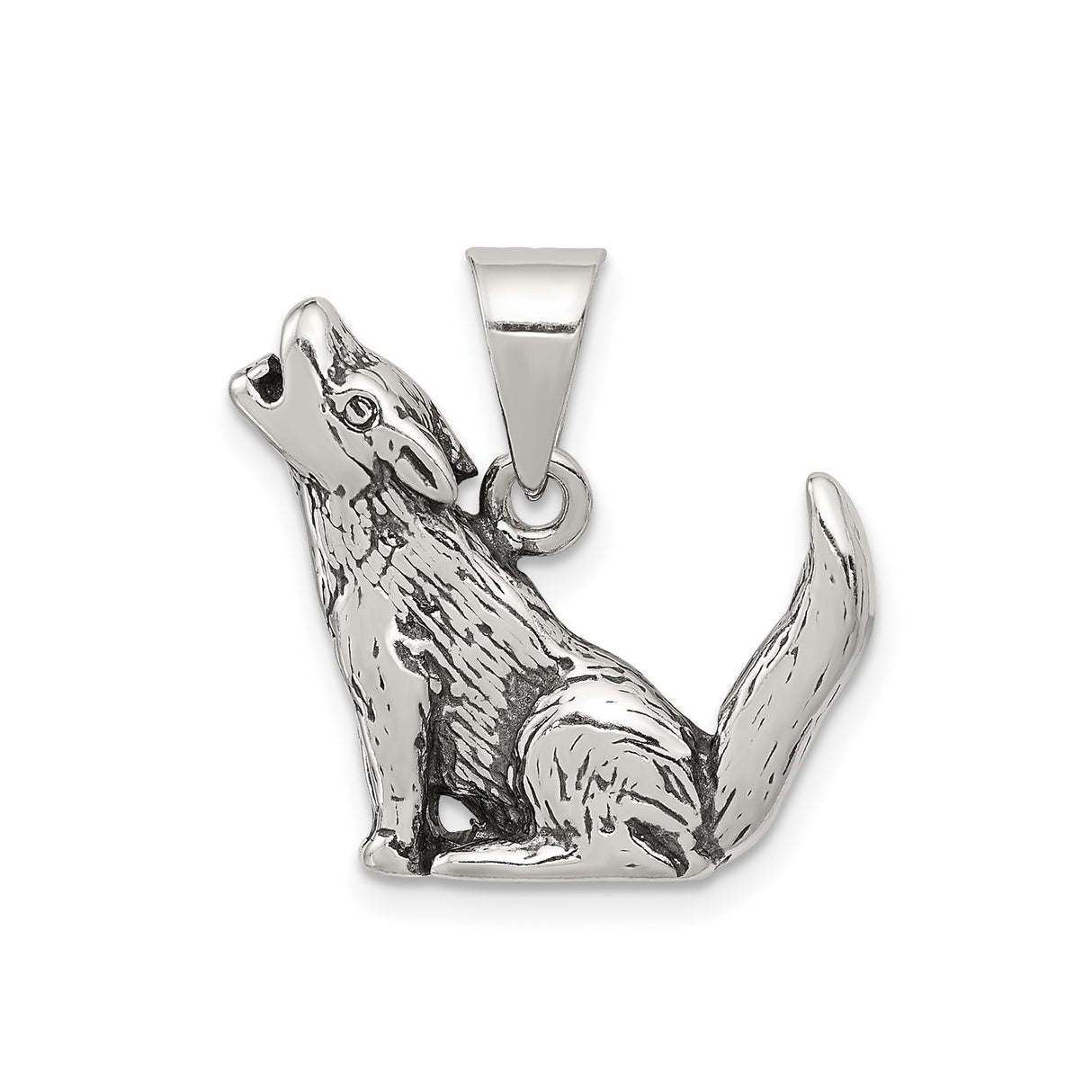 Sterling Silver Howling Wolf Pendant with Realistic Fur Detail, Tribal Animal Totem Jewelry