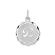 Sterling Silver Initial Pendant, Script Letter B Medallion with Brushed Center and Scalloped Edge