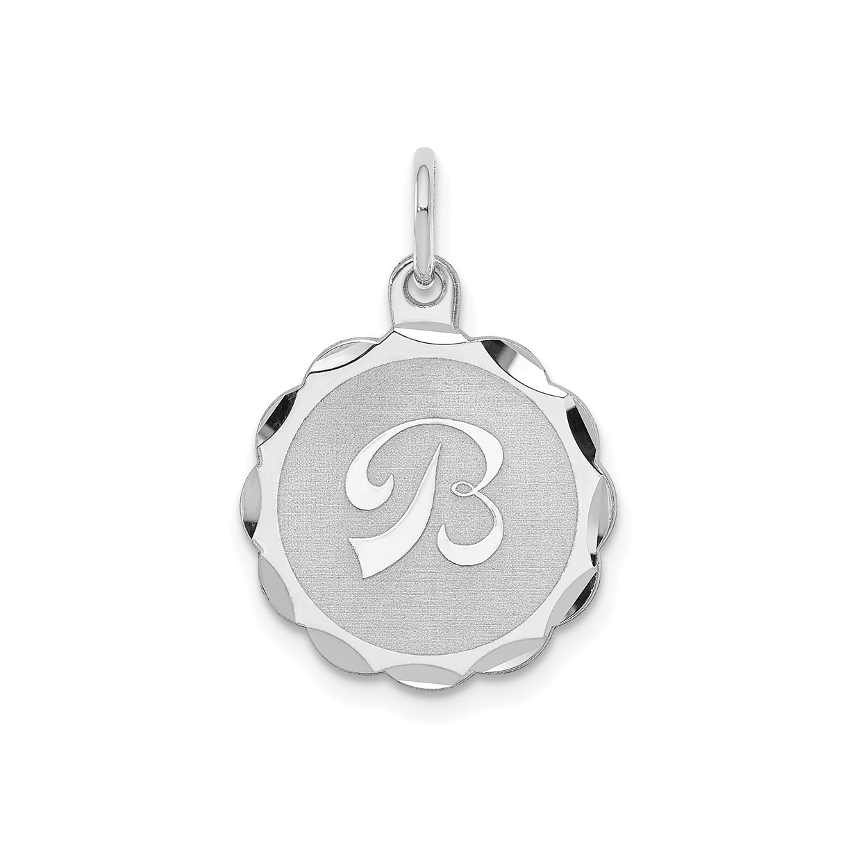 Sterling Silver Initial Pendant, Script Letter B Medallion with Brushed Center and Scalloped Edge