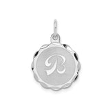 Sterling Silver Initial Pendant, Script Letter B Medallion with Brushed Center and Scalloped Edge