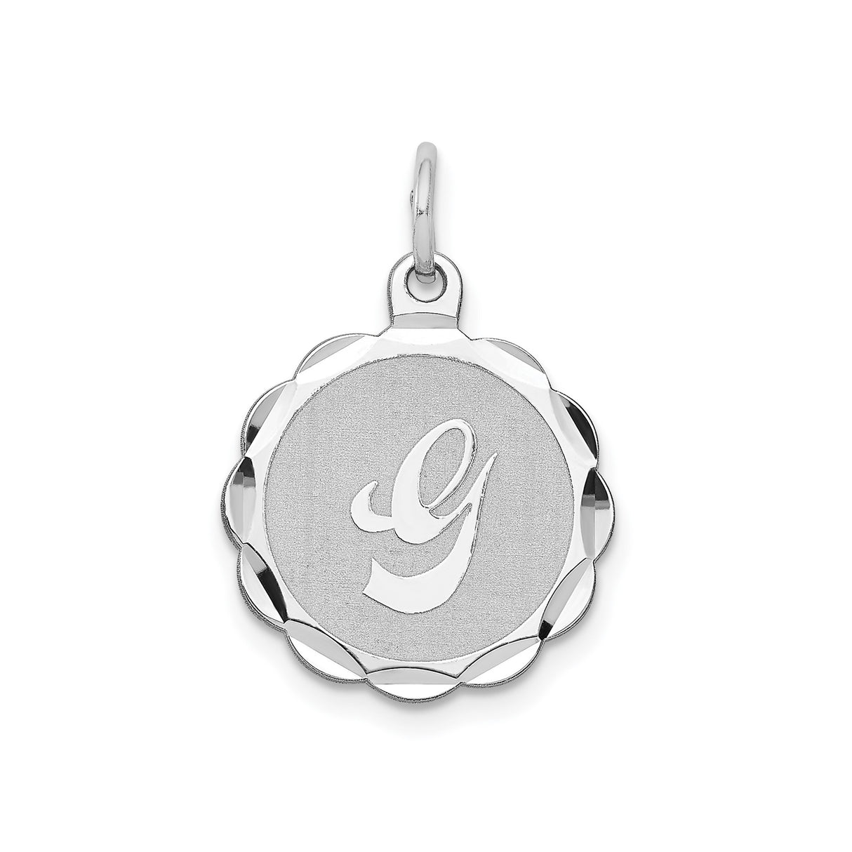 Sterling Silver Pendant with Script Letter G and Diamond-Cut Scalloped Border