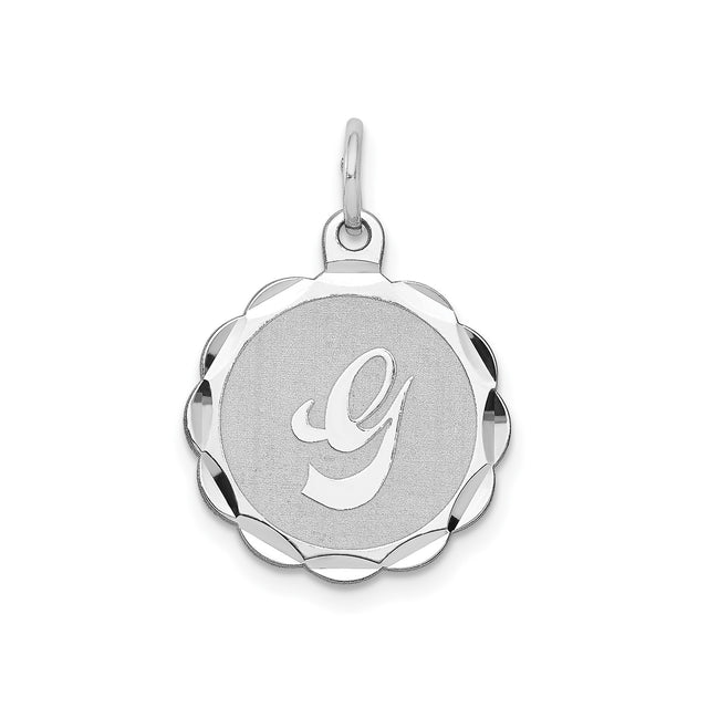 Sterling Silver Pendant with Script Letter G and Diamond-Cut Scalloped Border