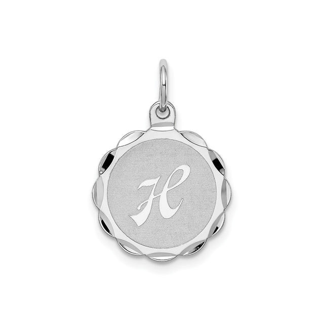 Sterling Silver Initial H Pendant with Scalloped Round Border, Script Letter Charm