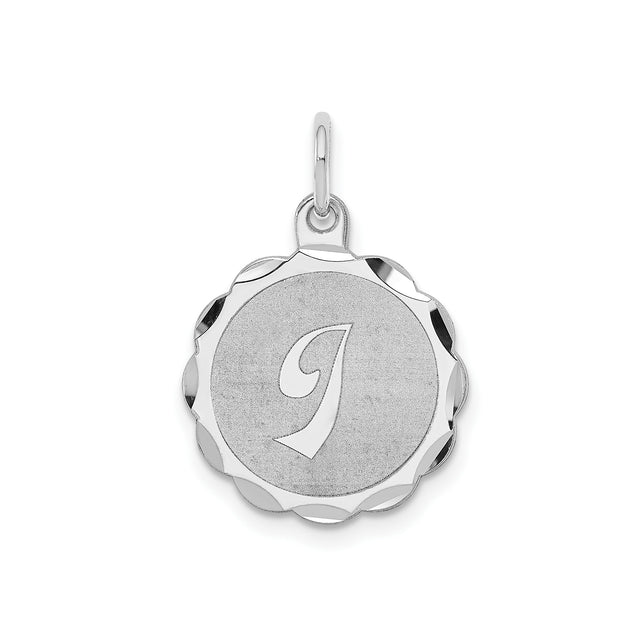 Sterling Silver Letter J Pendant, Scalloped Edge Charm with Script Initial Design