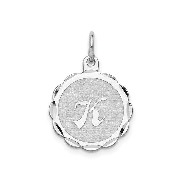 Sterling Silver Round Pendant with Script Letter K, Scalloped Edge and Textured Background