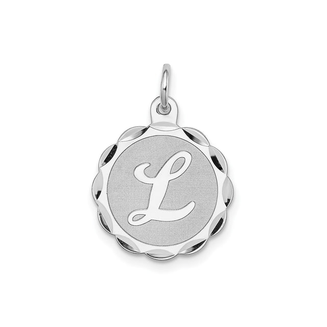 Sterling Silver Round Pendant with Script Letter L and Scalloped Border Charm