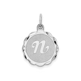 Sterling Silver Initial N Pendant with Script Font and Scalloped Edge Charm