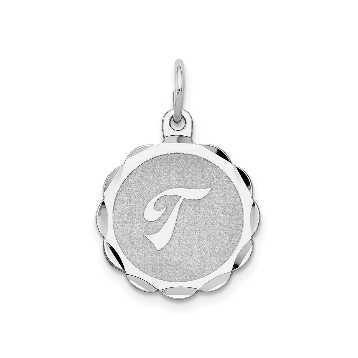 Sterling Silver Script Letter T Pendant with Scalloped Edge Charm for Women or Unisex