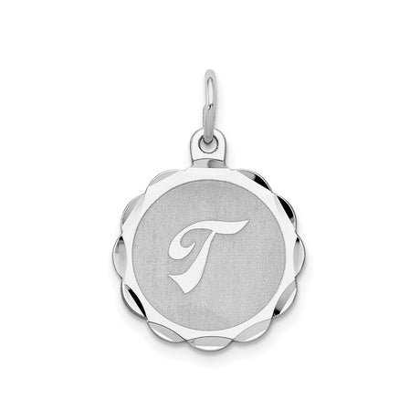 Sterling Silver Script Letter T Pendant with Scalloped Edge Charm for Women or Unisex