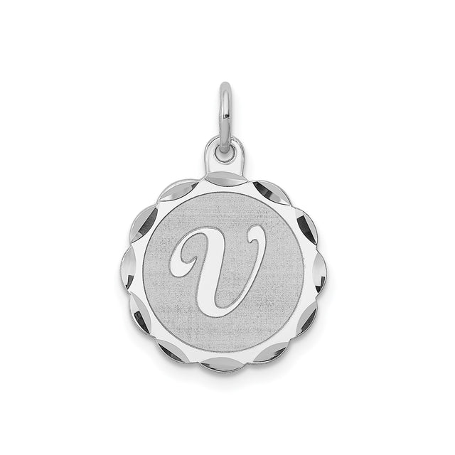 Sterling Silver Initial V Pendant, Scalloped Edge Script Letter Charm for Women