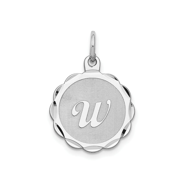 Sterling Silver Pendant with Scalloped Edge and Script Letter W Initial Charm