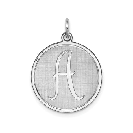 Sterling Silver Initial Pendant with Script Letter A on Round Brushed Disc for Women or Unisex