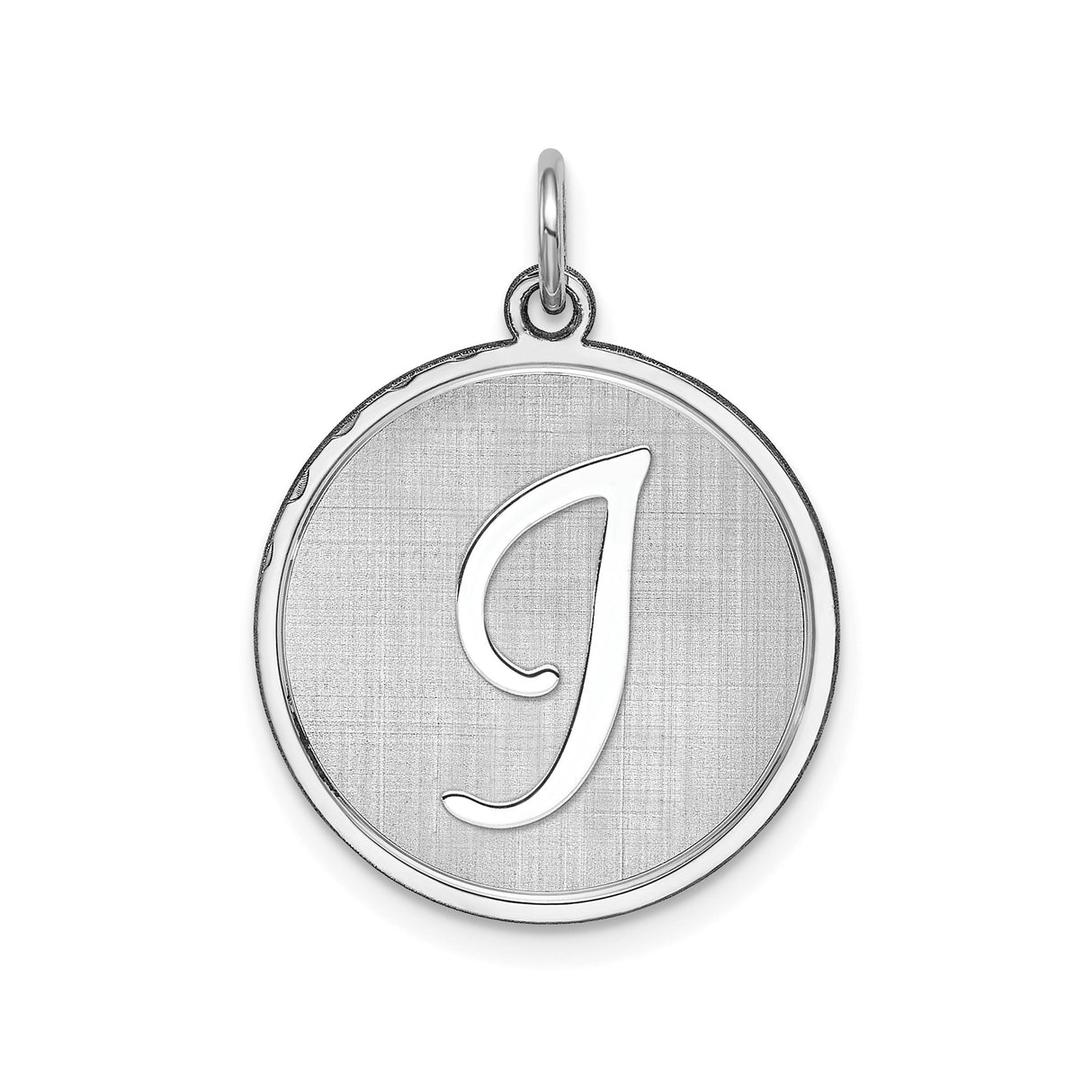 Sterling Silver Pendant with Raised Script Letter J on Brushed Round Disc