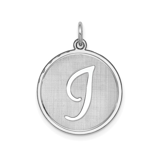 Sterling Silver Pendant with Raised Script Letter J on Brushed Round Disc
