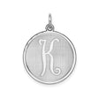 Sterling Silver Round Pendant with Script Letter K and Brushed Background