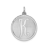 Sterling Silver Round Pendant with Script Letter K and Brushed Background