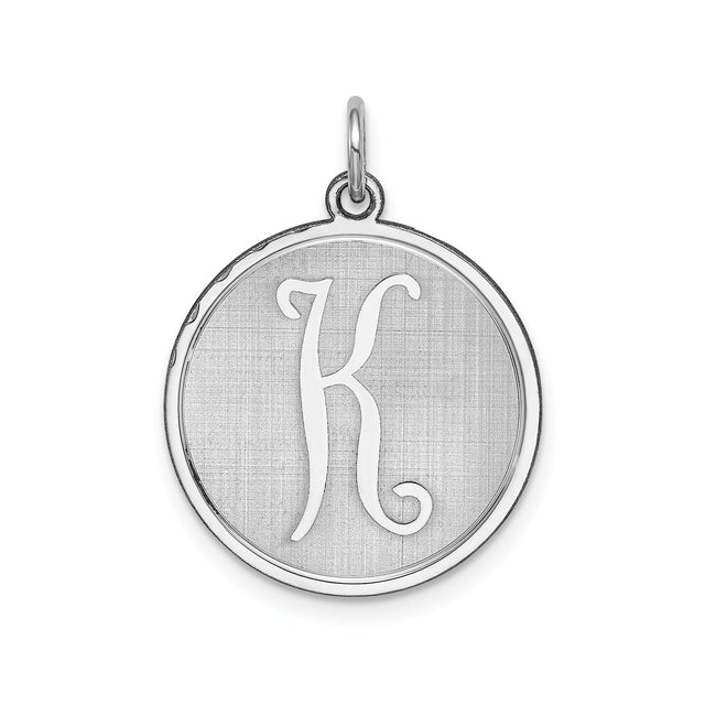 Sterling Silver Round Pendant with Script Letter K and Brushed Background