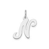 Sterling Silver Initial N Pendant, Polished Cursive Letter Charm for Necklace or Bracelet