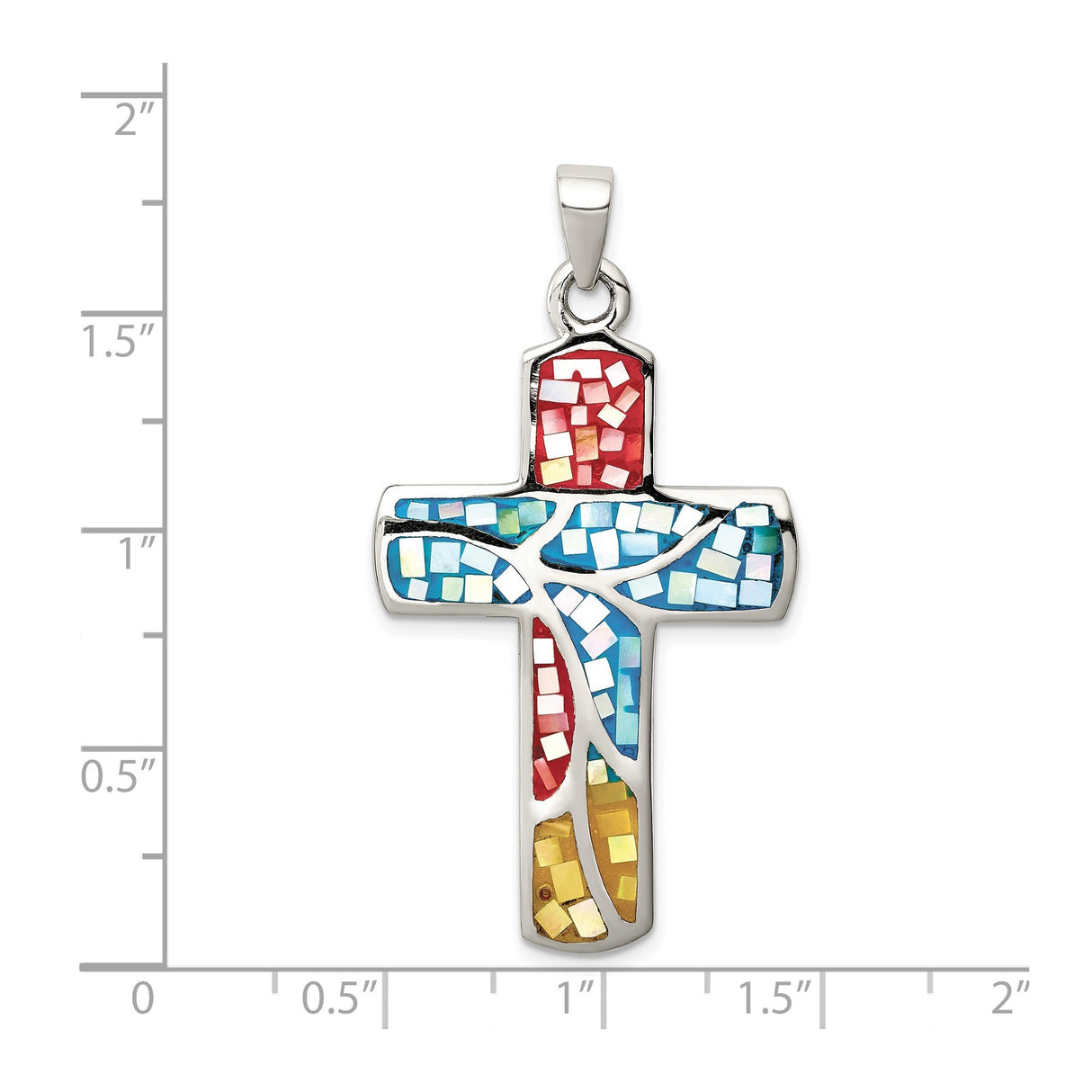 Sterling Silver Cross Pendant with Mosaic Inlay and Shell Detail