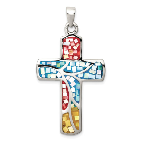 Sterling Silver Cross Pendant with Mosaic Inlay and Shell Detail
