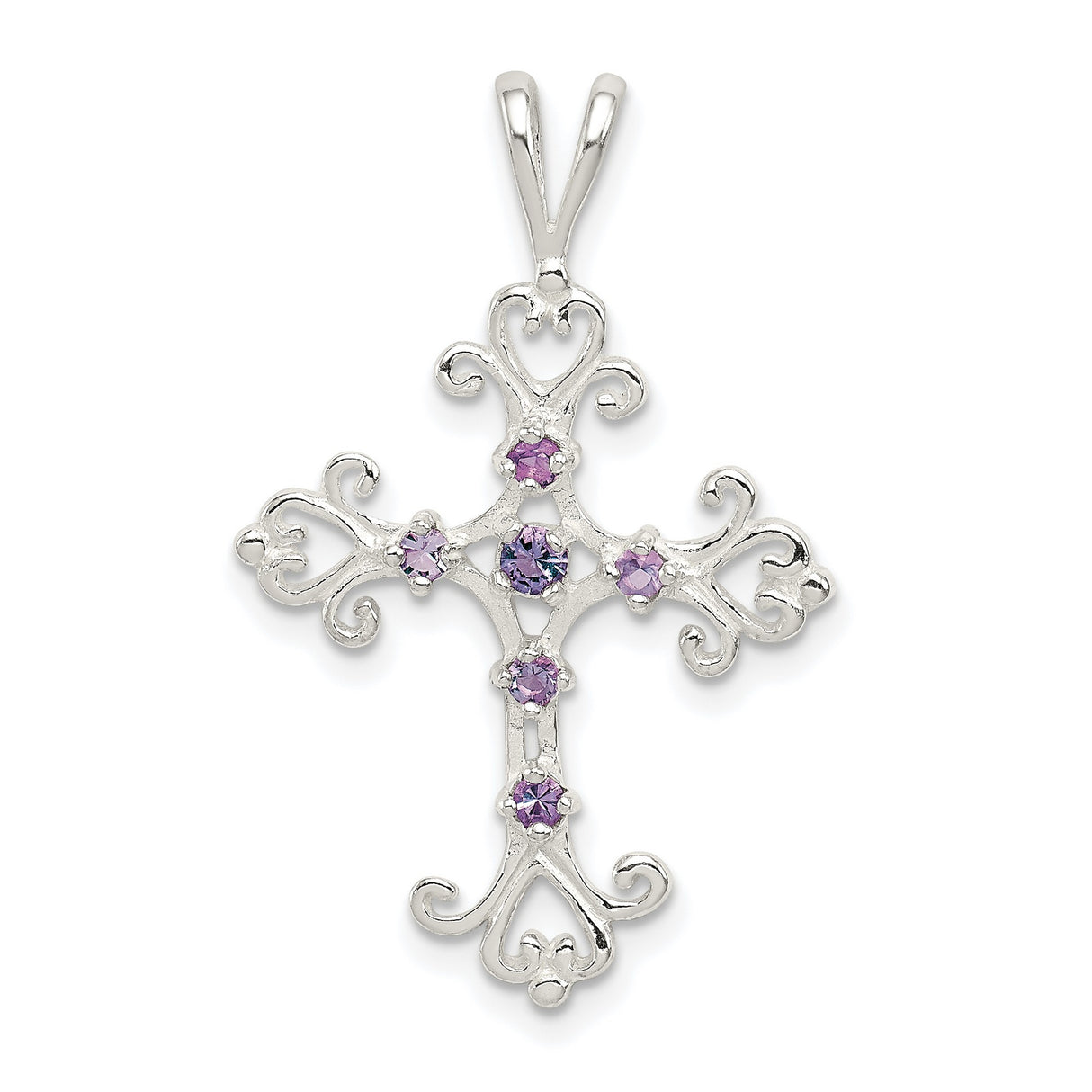 Purple CZ Cross Charm Pendant in Real 925 Sterling Silver
