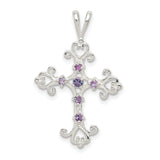 Purple CZ Cross Charm Pendant in Real 925 Sterling Silver