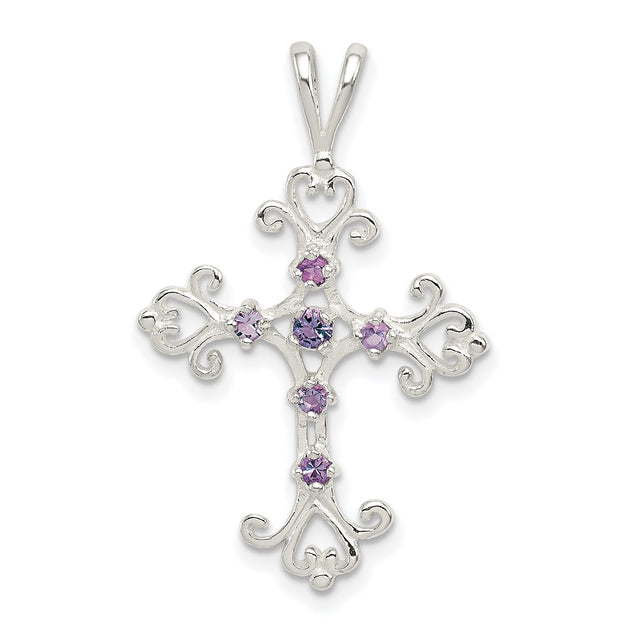 Purple CZ Cross Charm Pendant in Real 925 Sterling Silver