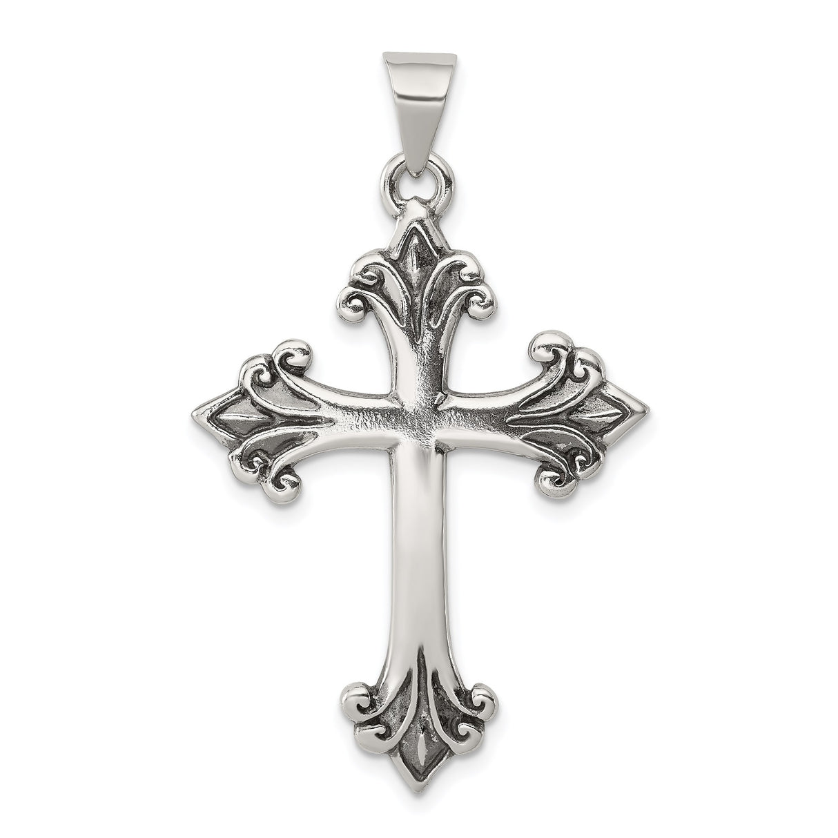 Sterling Silver Cross Pendant, Fleur Design, Oxidized Gothic Style, Unisex Faith Jewelry