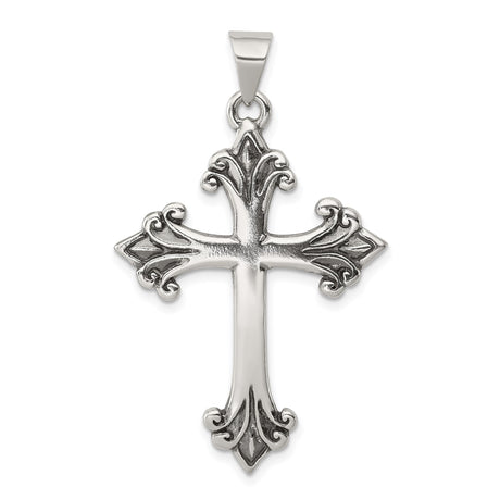 Sterling Silver Cross Pendant, Fleur Design, Oxidized Gothic Style, Unisex Faith Jewelry