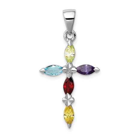 Sterling Silver Cross Pendant with Multicolor Cubic Zirconia Marquise Stones, Unisex Faith Jewelry