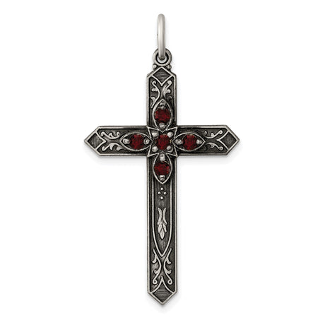 Sterling Silver Cross Pendant with Ruby Red Glass, Gothic Floral Vintage Style