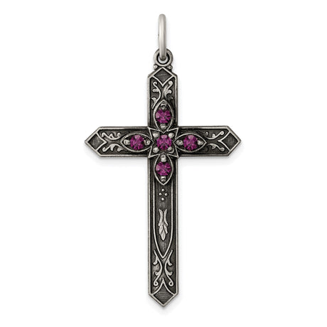 Sterling Silver Cross Pendant with Amethyst, Oxidized Finish, Vintage Floral Gothic Style