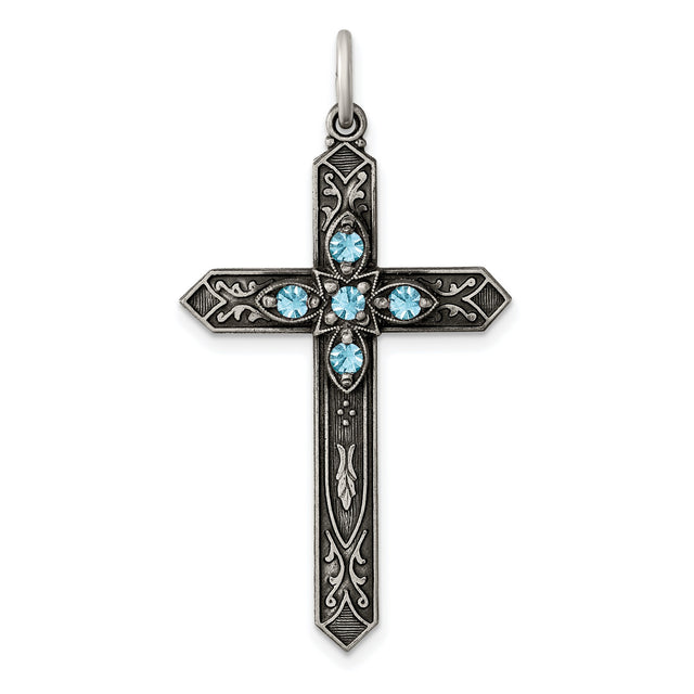 March Birthstone Cross Charm Pendant in Real 925 Sterling Silver
