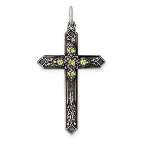 Sterling Silver Cross Pendant with Peridot Accents, Vintage Floral Religious Design