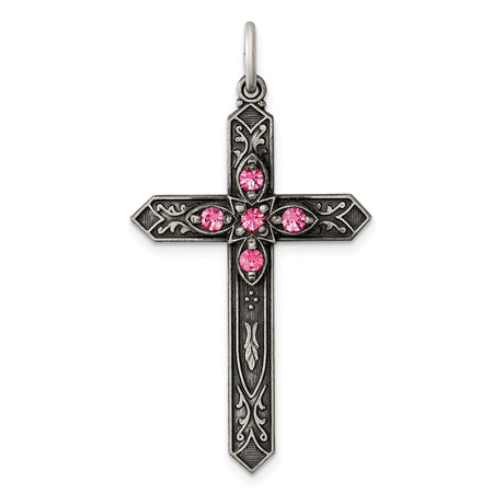 Sterling Silver Cross Pendant with Pink Glass Gemstone, Romantic Gothic Floral Design