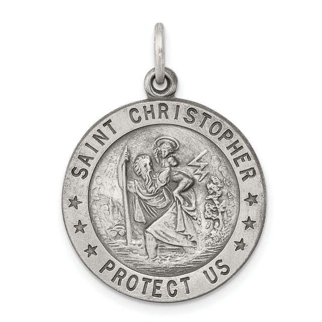 Round Saint Christopher Protect Us Words Charm Pendant in Real 925 Sterling Silver