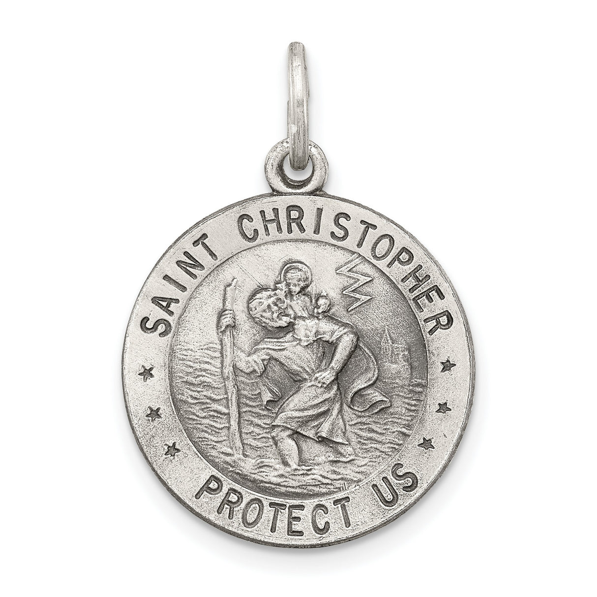 Round Saint Christopher Protect Us Words Charm Pendant in Real 925 Sterling Silver