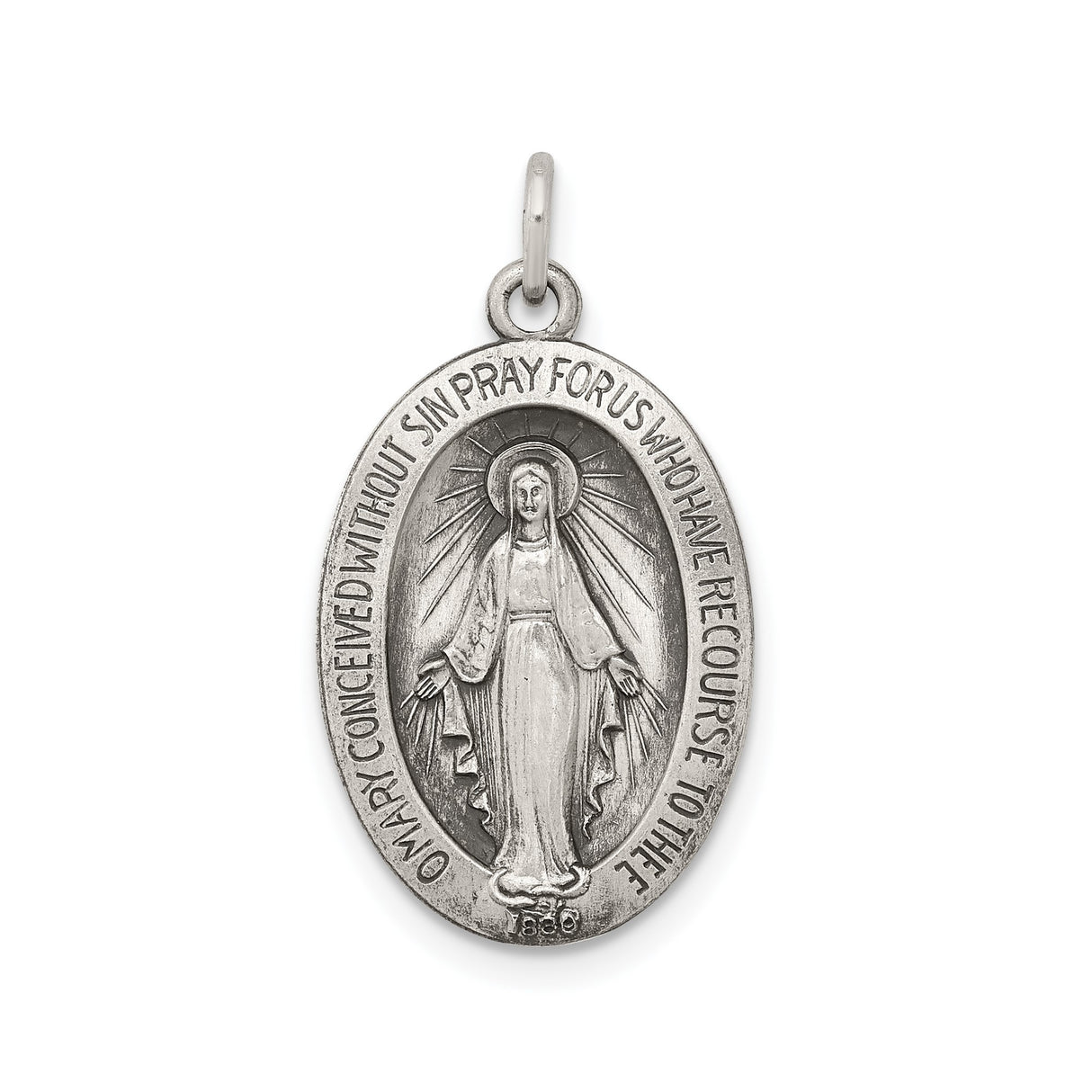 Sterling Silver Miraculous Medal Pendant with Virgin Mary and Inscription