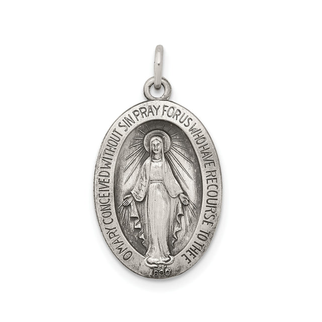 Sterling Silver Miraculous Medal Pendant with Virgin Mary and Inscription