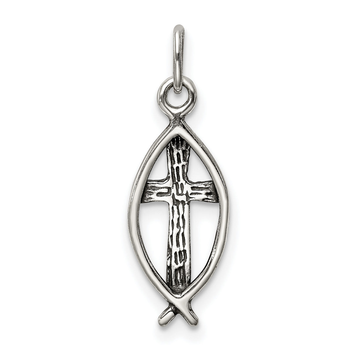 Antiqued Ichthus Fish Cross Charm Pendant in Real 925 Sterling Silver