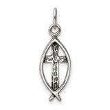 Antiqued Ichthus Fish Cross Charm Pendant in Real 925 Sterling Silver