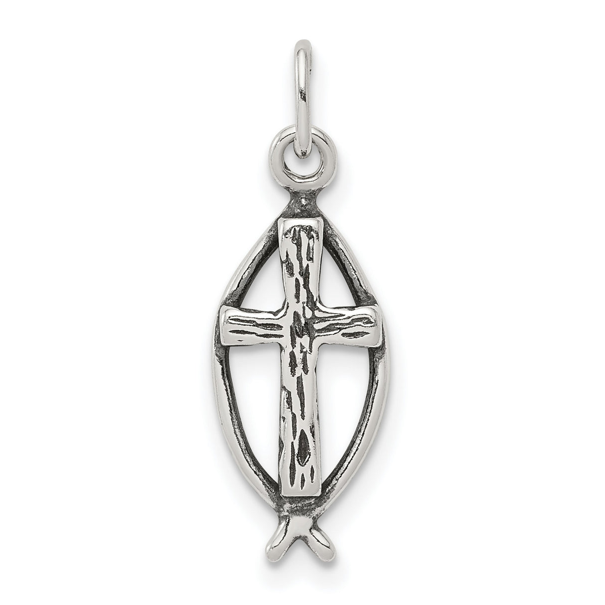 Antiqued Ichthus Fish Cross Charm Pendant in Real 925 Sterling Silver