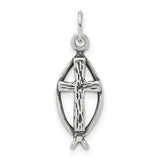 Antiqued Ichthus Fish Cross Charm Pendant in Real 925 Sterling Silver